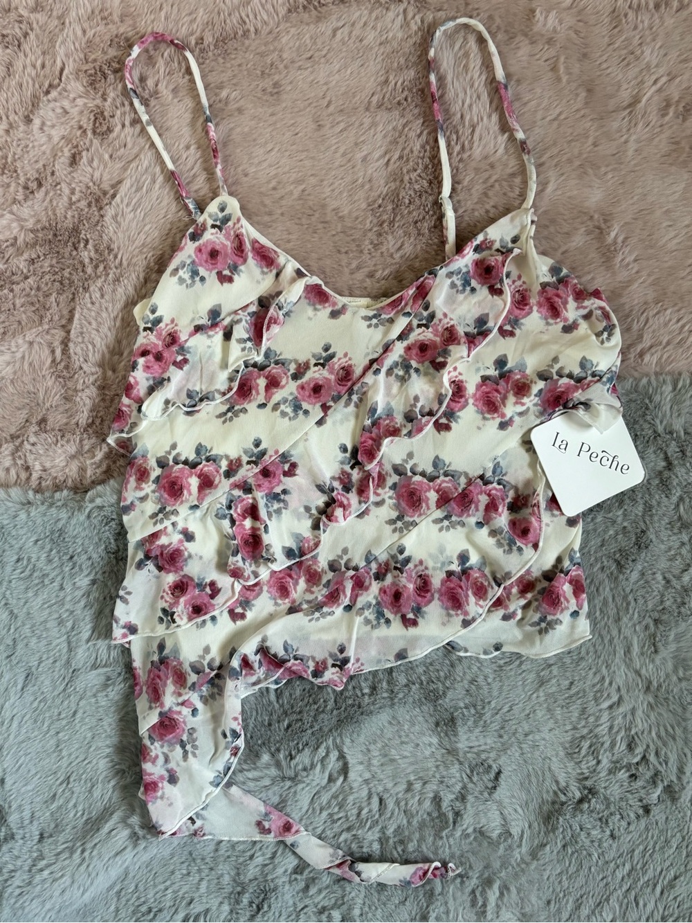 La peche white pink floral ruffle tank